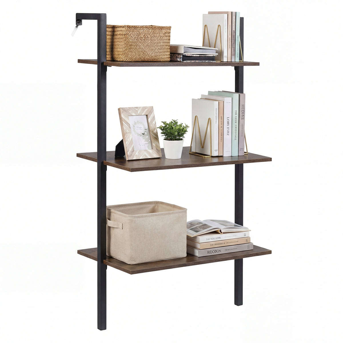 3-Tier Floating Wall Shelf with Metal Frame – Rustic Brown