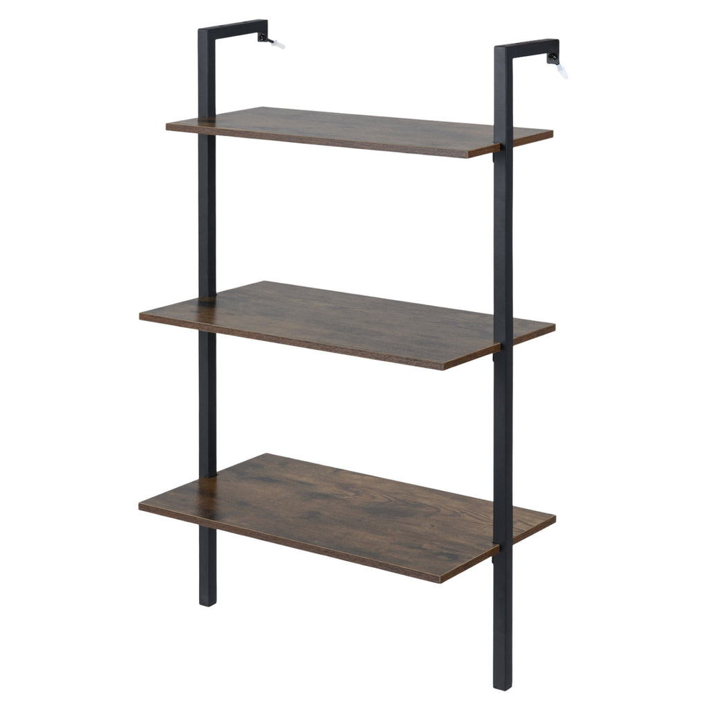 3-Tier Floating Wall Shelf with Metal Frame – Rustic Brown