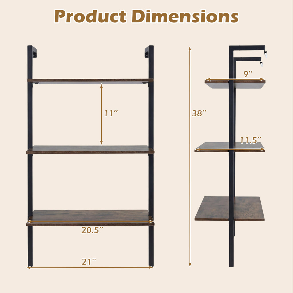 3-Tier Floating Wall Shelf with Metal Frame – Rustic Brown