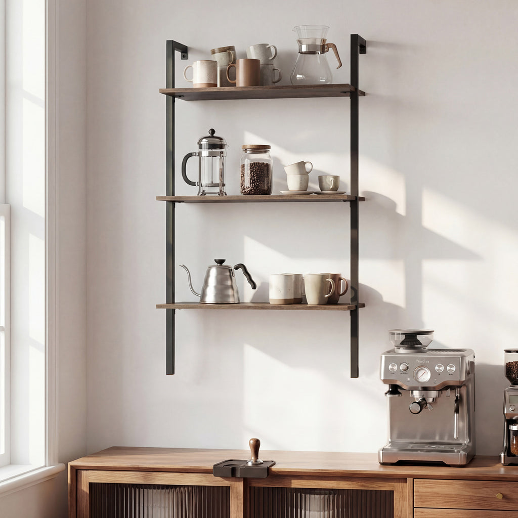 3-Tier Floating Wall Shelf with Metal Frame – Rustic Brown