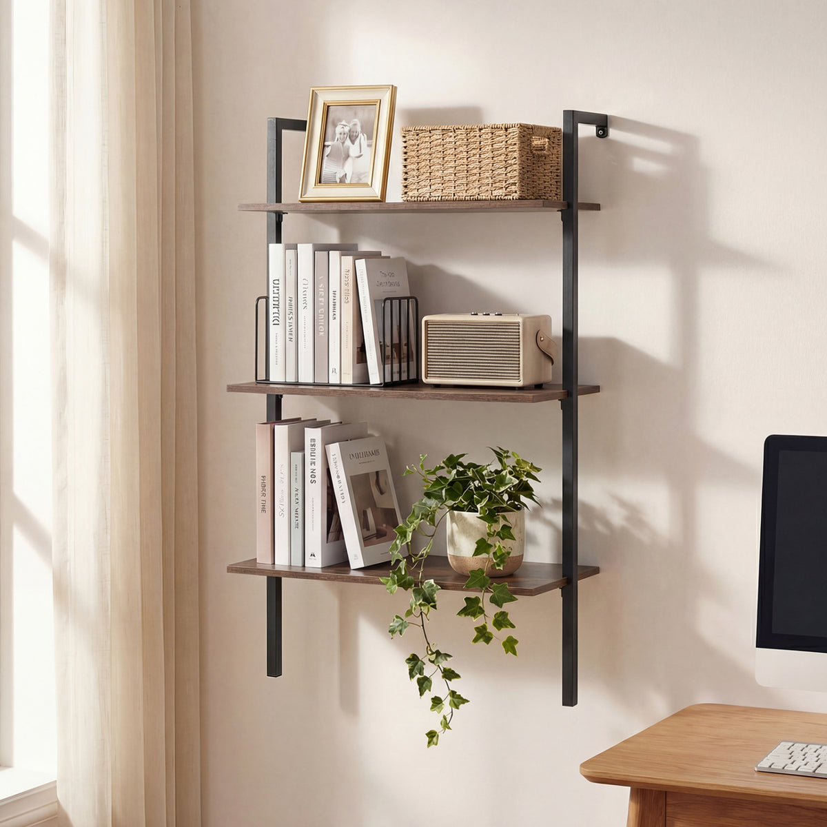 3-Tier Floating Wall Shelf with Metal Frame – Rustic Brown