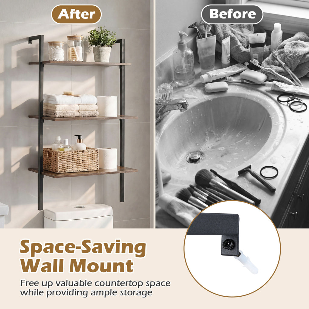 3-Tier Floating Wall Shelf with Metal Frame – Rustic Brown