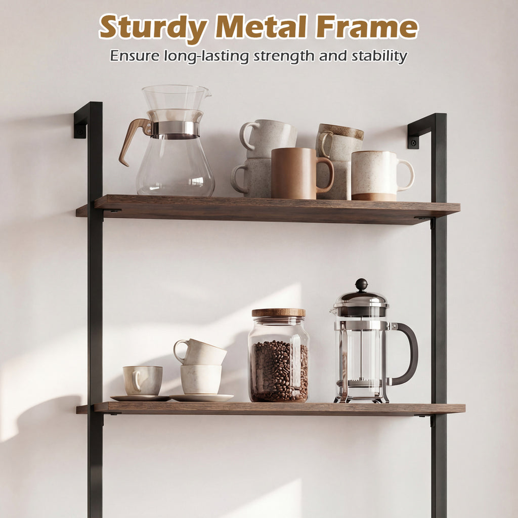 3-Tier Floating Wall Shelf with Metal Frame – Rustic Brown