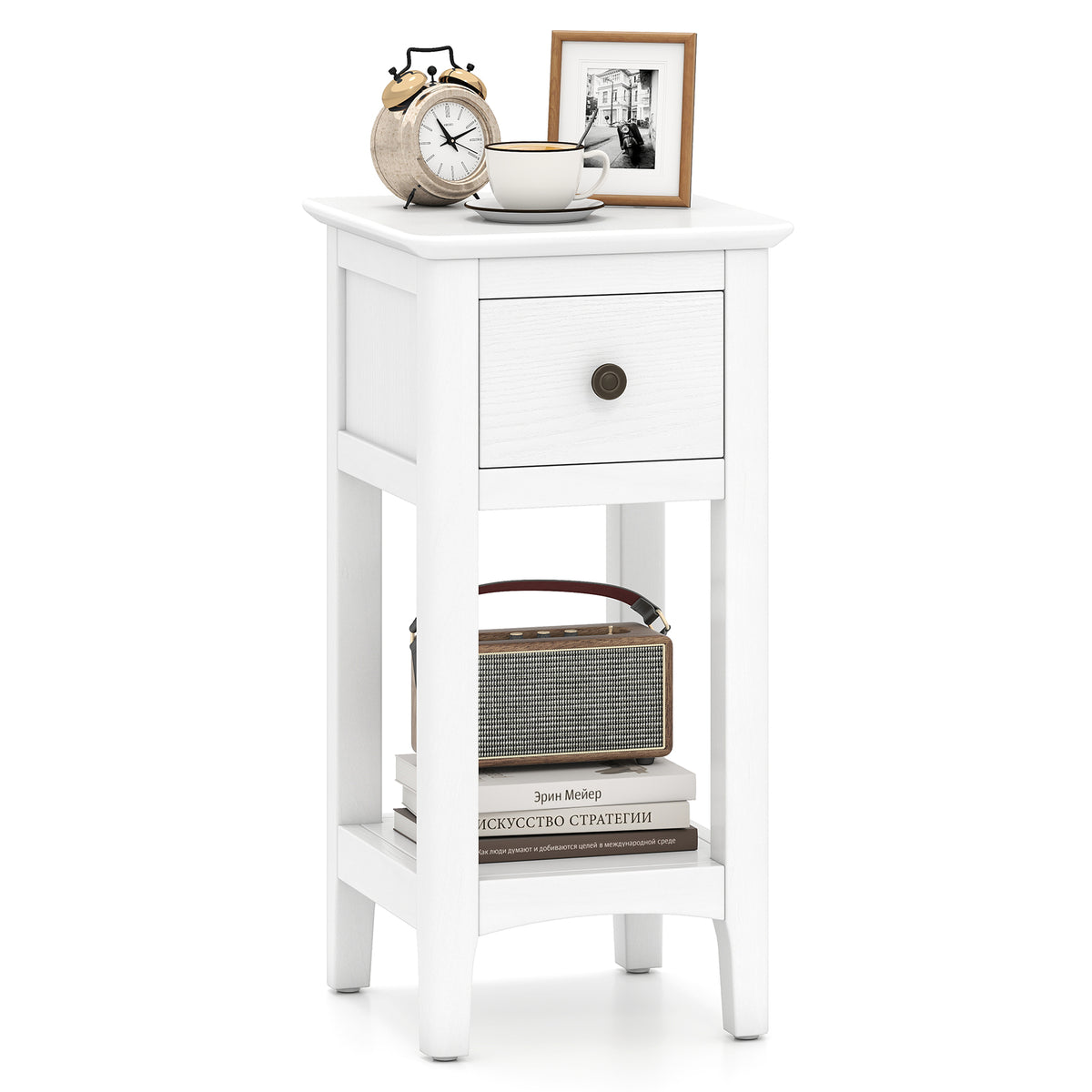 3-Tier Nightstand with Drawer and Open Storage Shelf, White
