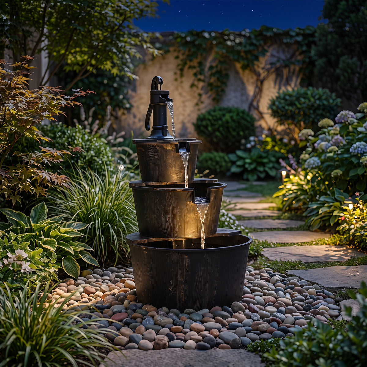 24"L x 21"W x 37"H 3-Tier Outdoor Waterfall Fountain with Electric Pump - Bronze Finish