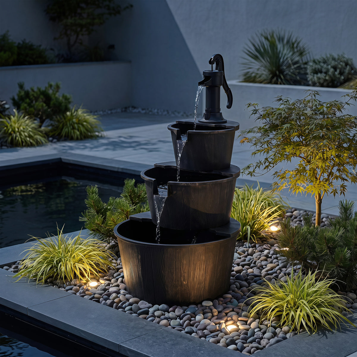 24"L x 21"W x 37"H 3-Tier Outdoor Waterfall Fountain with Electric Pump - Bronze Finish