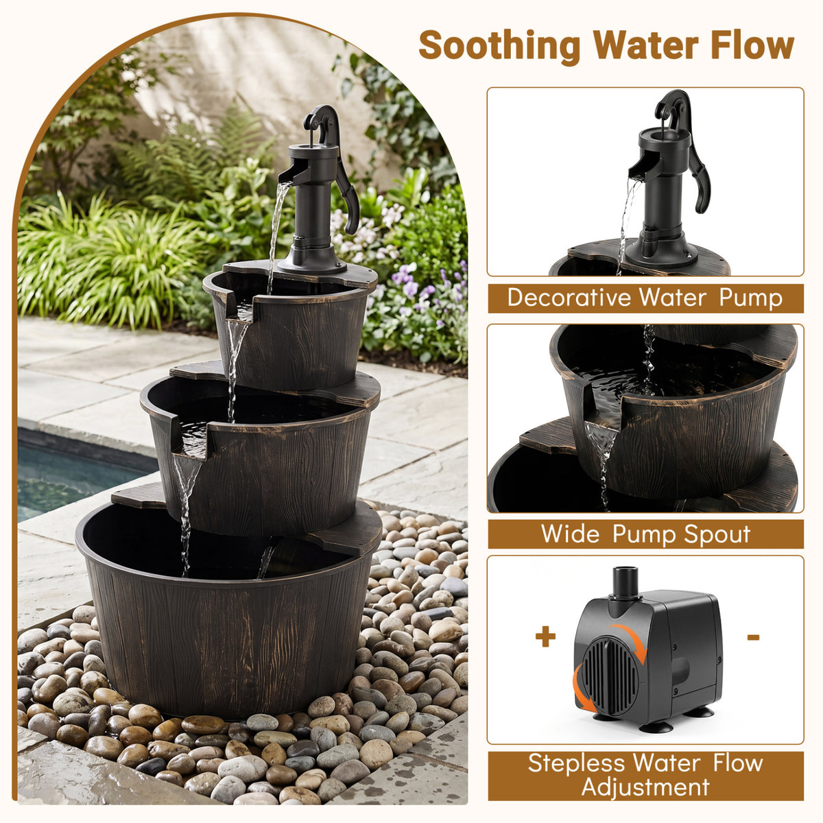 24"L x 21"W x 37"H 3-Tier Outdoor Waterfall Fountain with Electric Pump - Bronze Finish