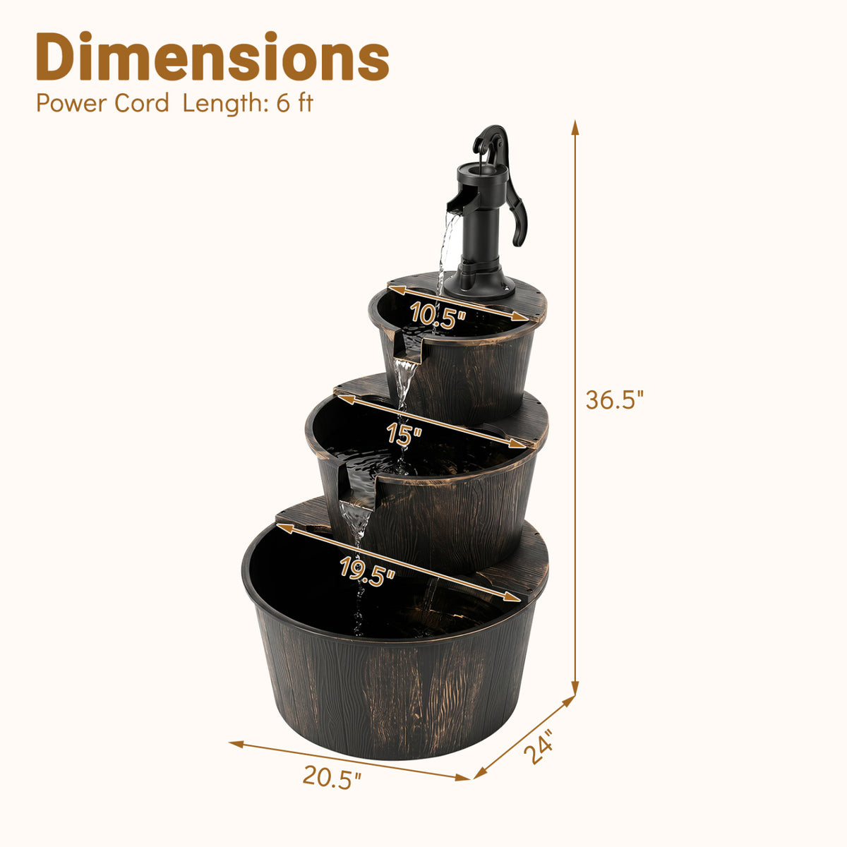 24"L x 21"W x 37"H 3-Tier Outdoor Waterfall Fountain with Electric Pump - Bronze Finish