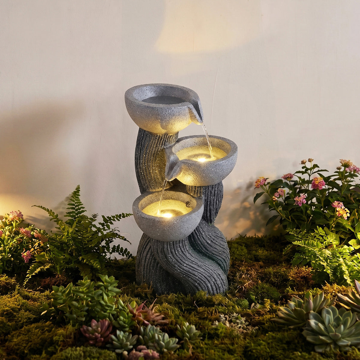 Outdoor 3-Tier Water Fountain with LED Lights - Tabletop Branch Texture 18.5 Inch
