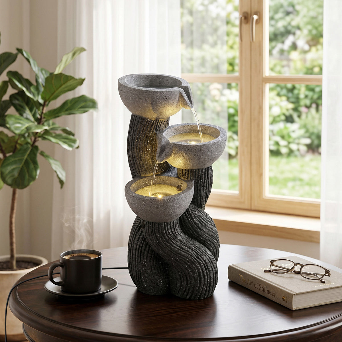 Outdoor 3-Tier Water Fountain with LED Lights - Tabletop Branch Texture 18.5 Inch