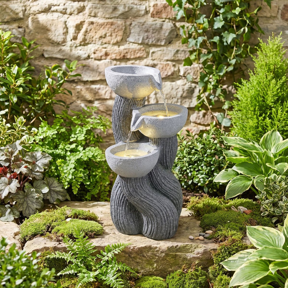 Outdoor 3-Tier Water Fountain with LED Lights - Tabletop Branch Texture 18.5 Inch