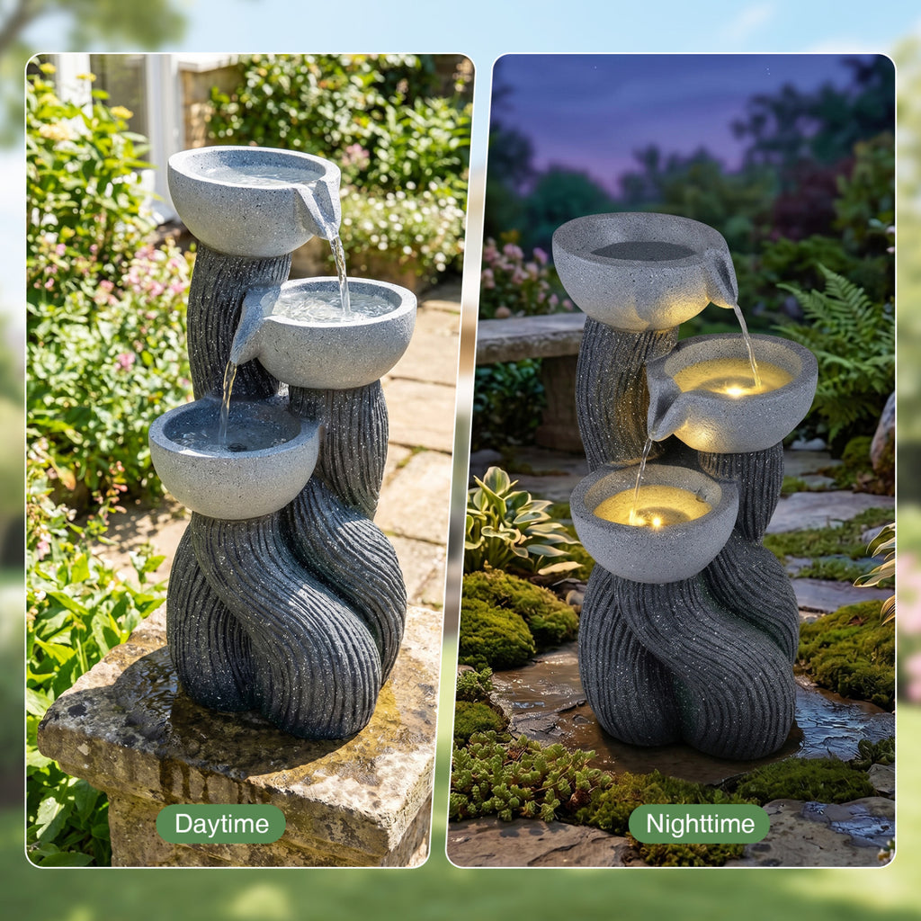 Outdoor 3-Tier Water Fountain with LED Lights - Tabletop Branch Texture 18.5 Inch