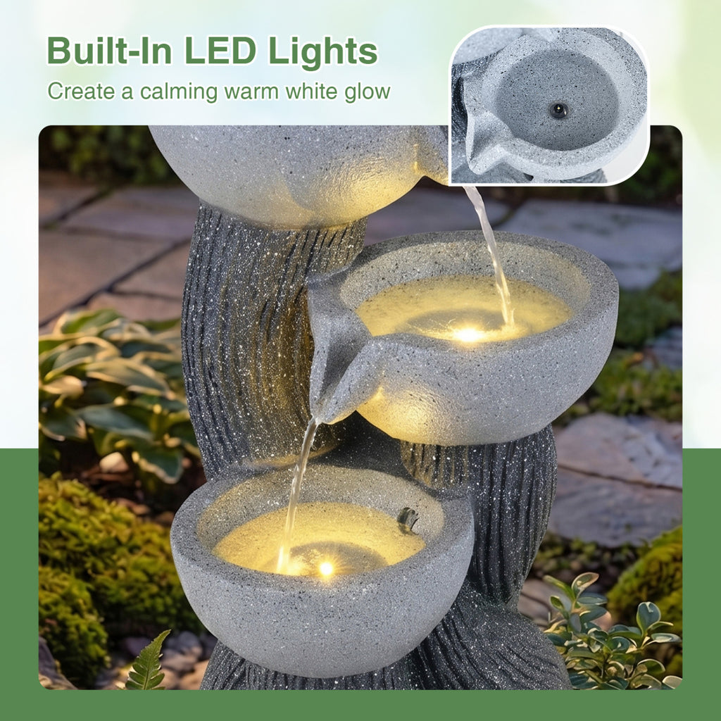 Outdoor 3-Tier Water Fountain with LED Lights - Tabletop Branch Texture 18.5 Inch