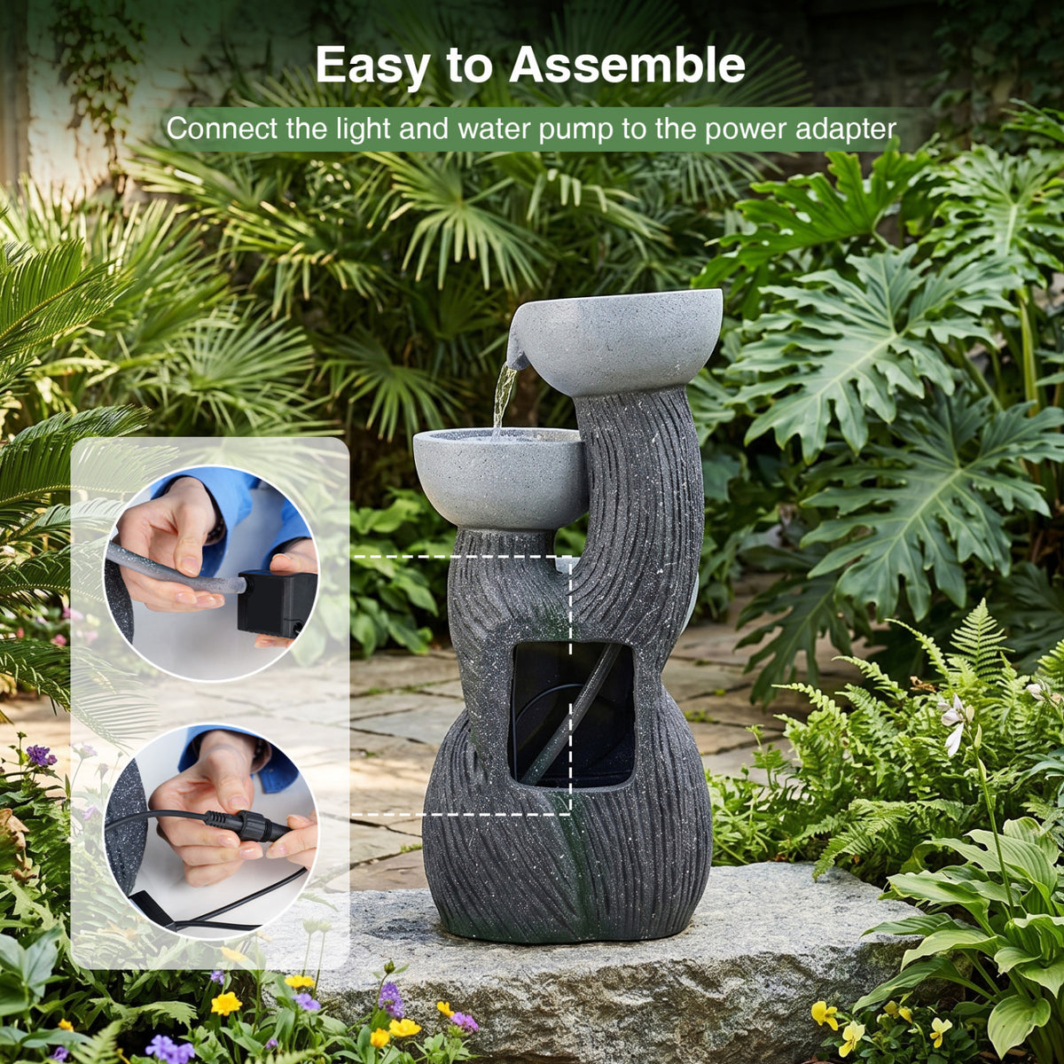 Outdoor 3-Tier Water Fountain with LED Lights - Tabletop Branch Texture 18.5 Inch