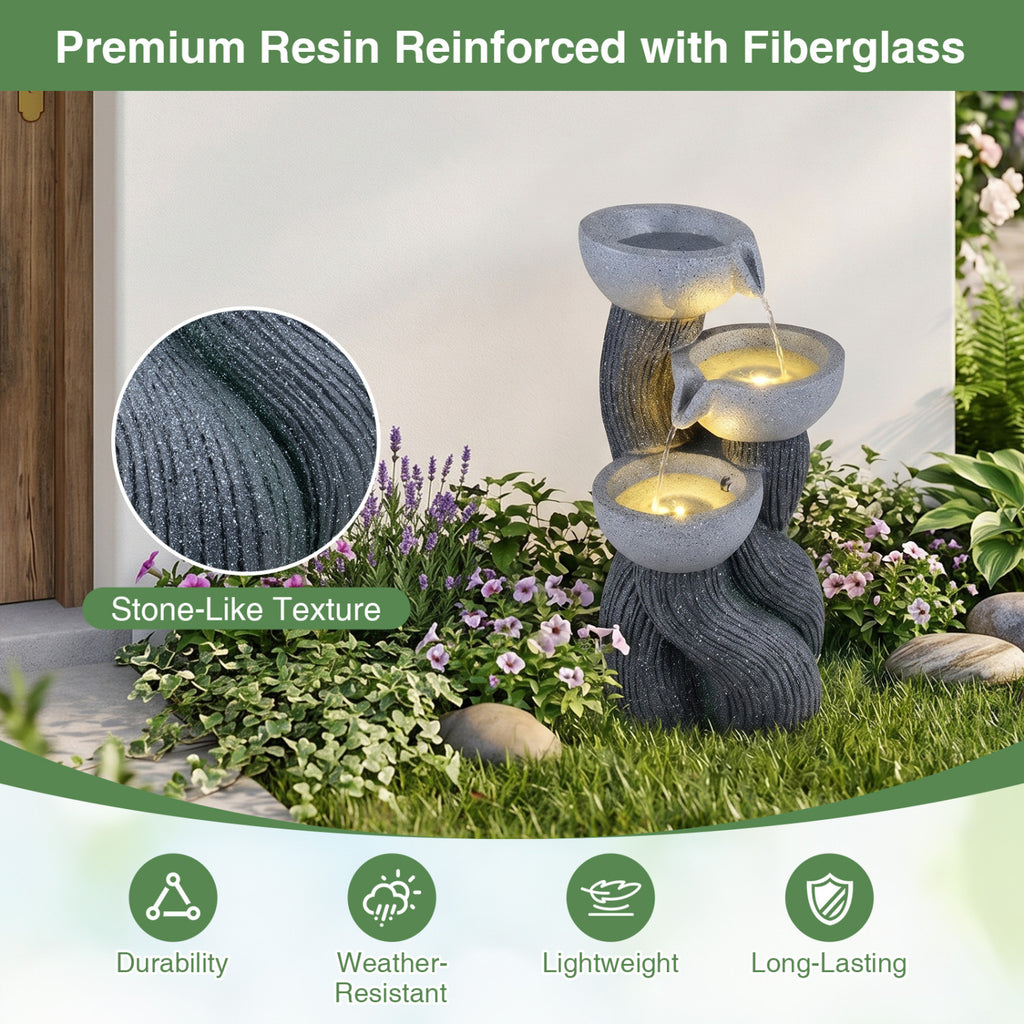Outdoor 3-Tier Water Fountain with LED Lights - Tabletop Branch Texture 18.5 Inch