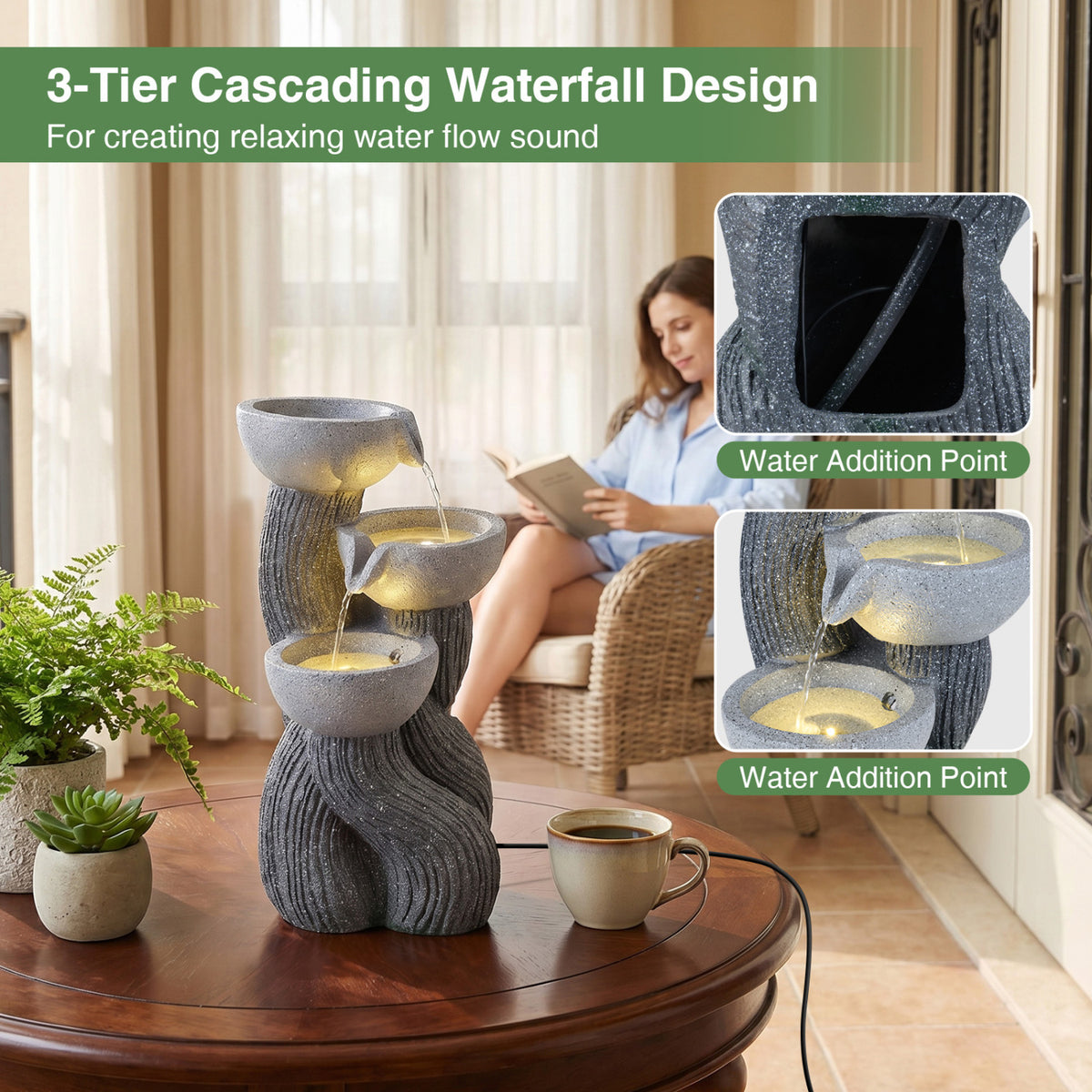 Outdoor 3-Tier Water Fountain with LED Lights - Tabletop Branch Texture 18.5 Inch