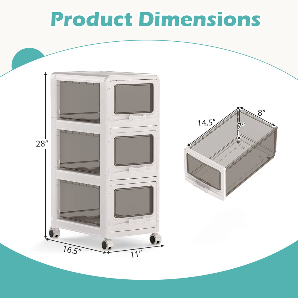 3-Tier Plastic Drawer Storage Cart with Lockable Wheels