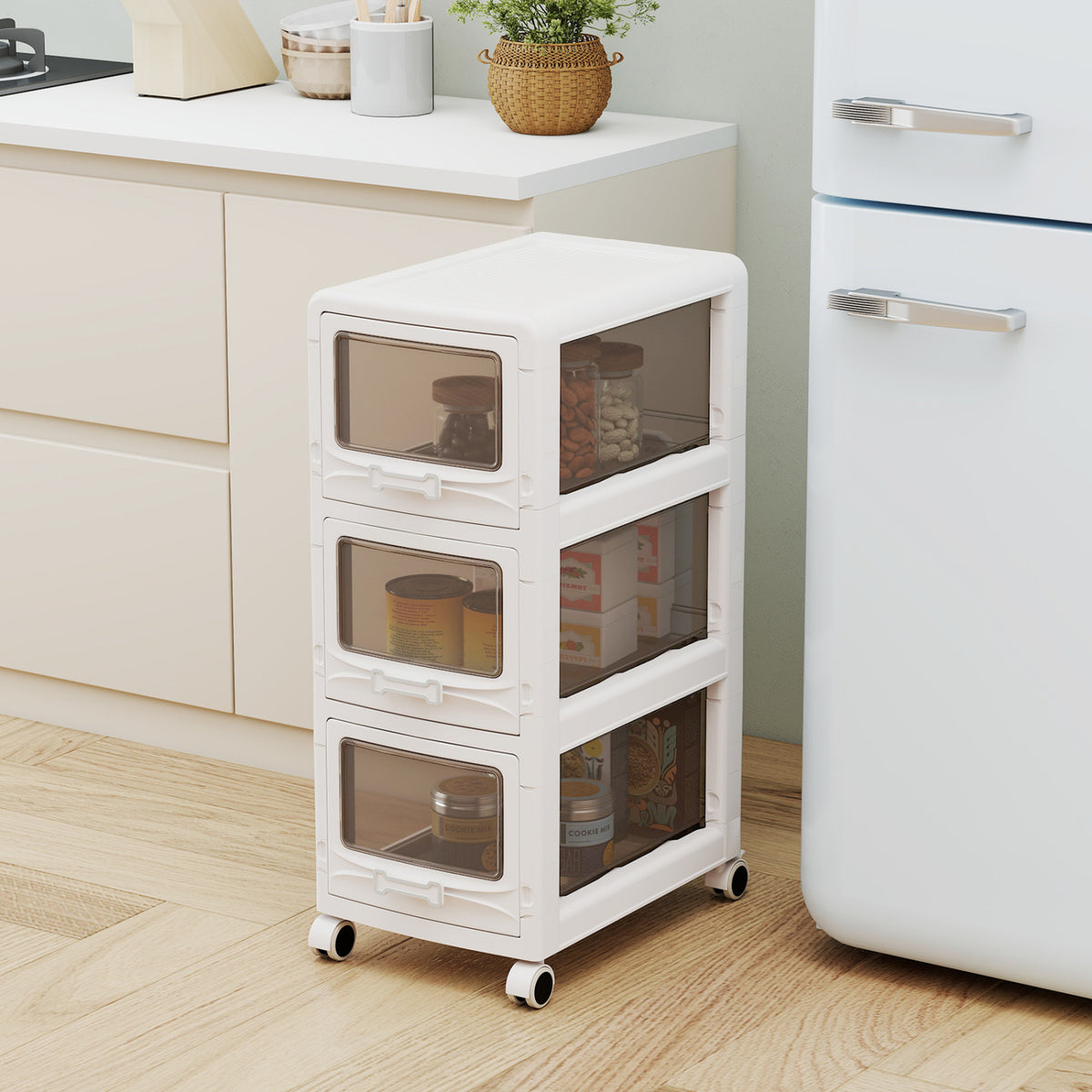3-Tier Plastic Drawer Storage Cart with Lockable Wheels
