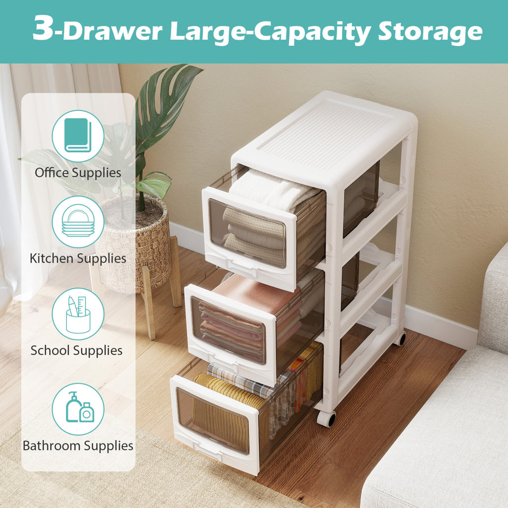 3-Tier Plastic Drawer Storage Cart with Lockable Wheels