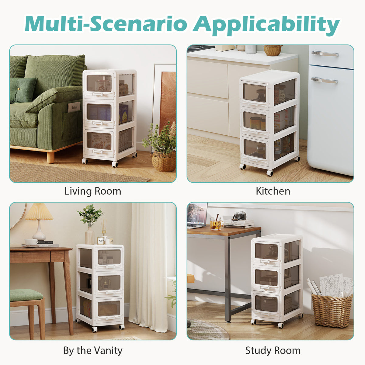 3-Tier Plastic Drawer Storage Cart with Lockable Wheels