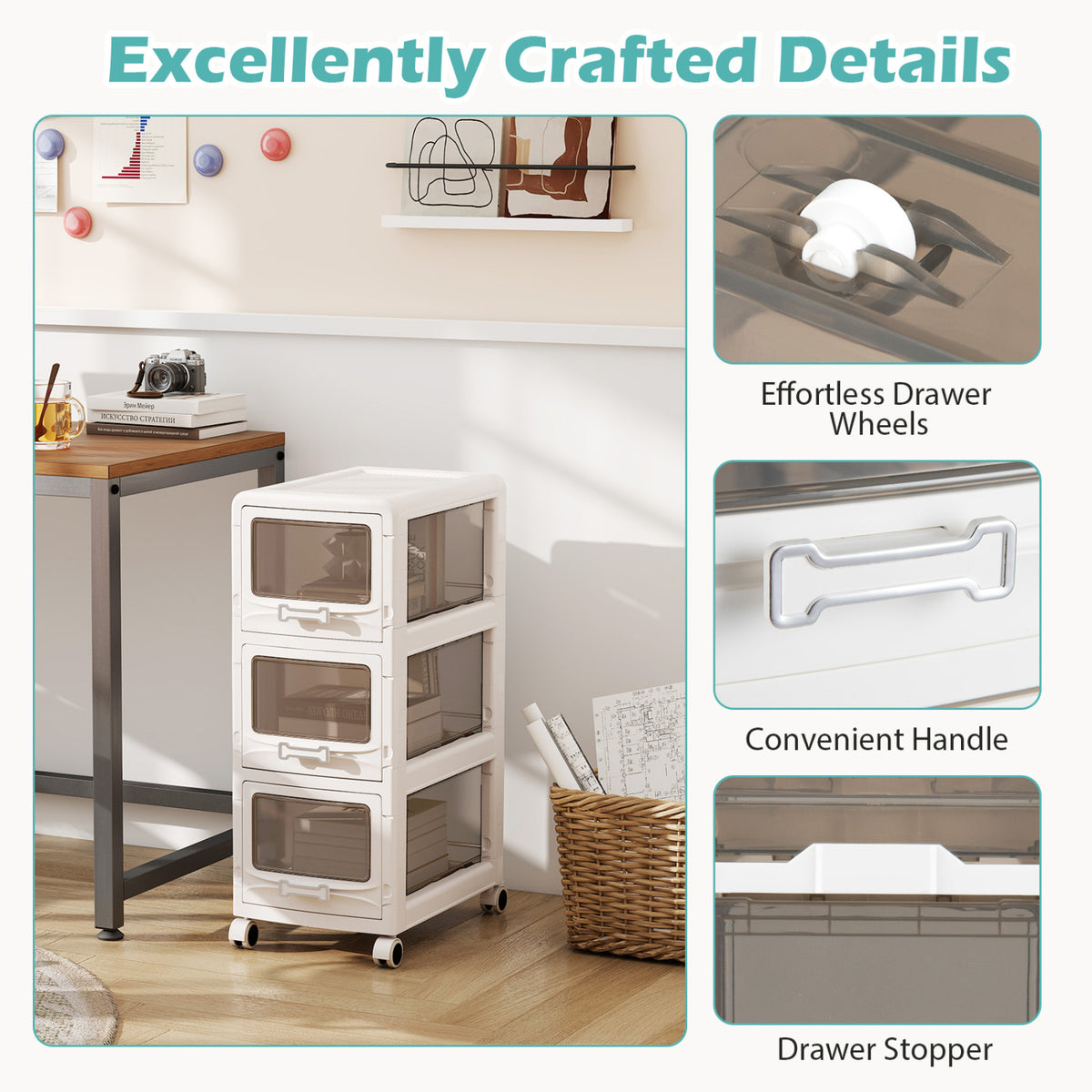 3-Tier Plastic Drawer Storage Cart with Lockable Wheels