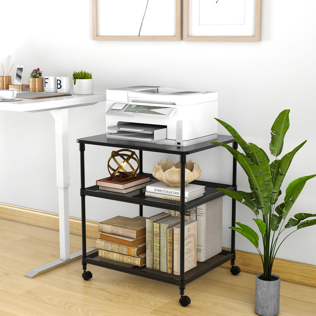 3-Tier Printer Stand with Lockable Wheels - Black