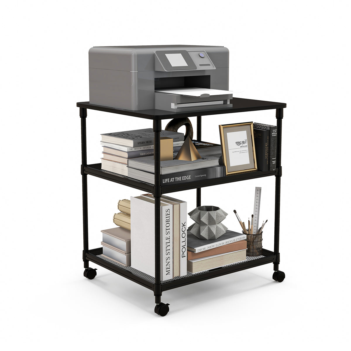 3-Tier Printer Stand with Lockable Wheels - Black