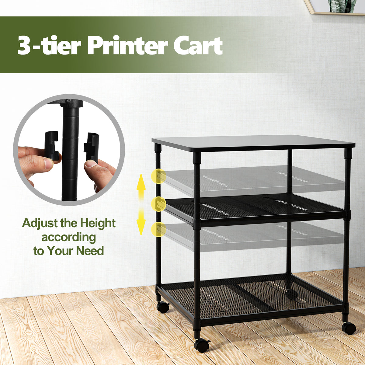 3-Tier Printer Stand with Lockable Wheels - Black