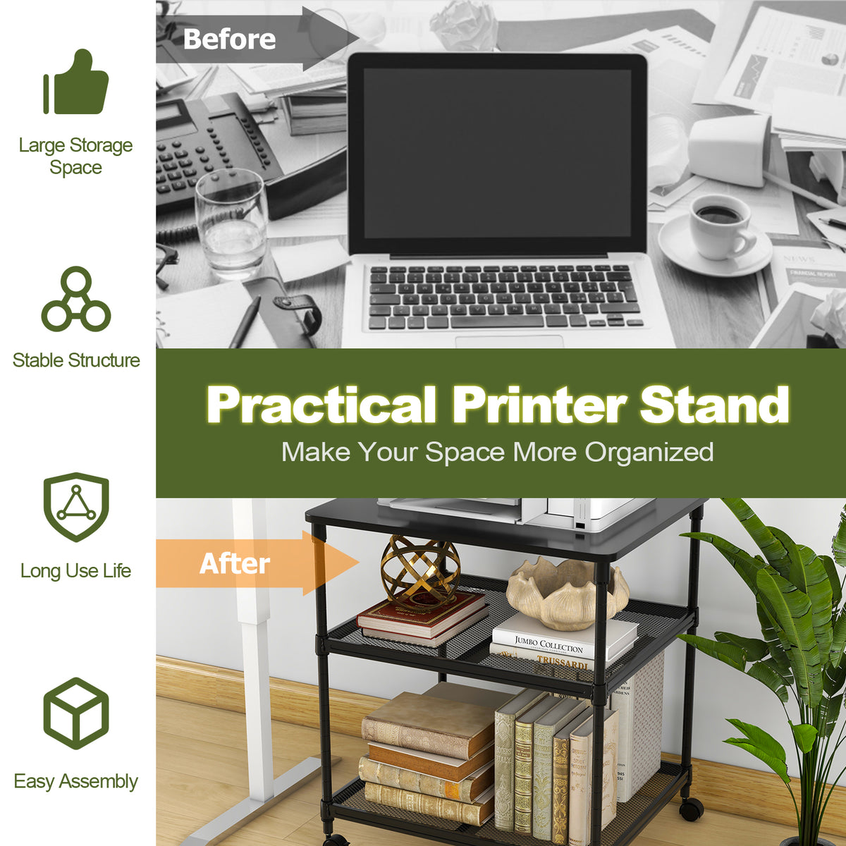 3-Tier Printer Stand with Lockable Wheels - Black