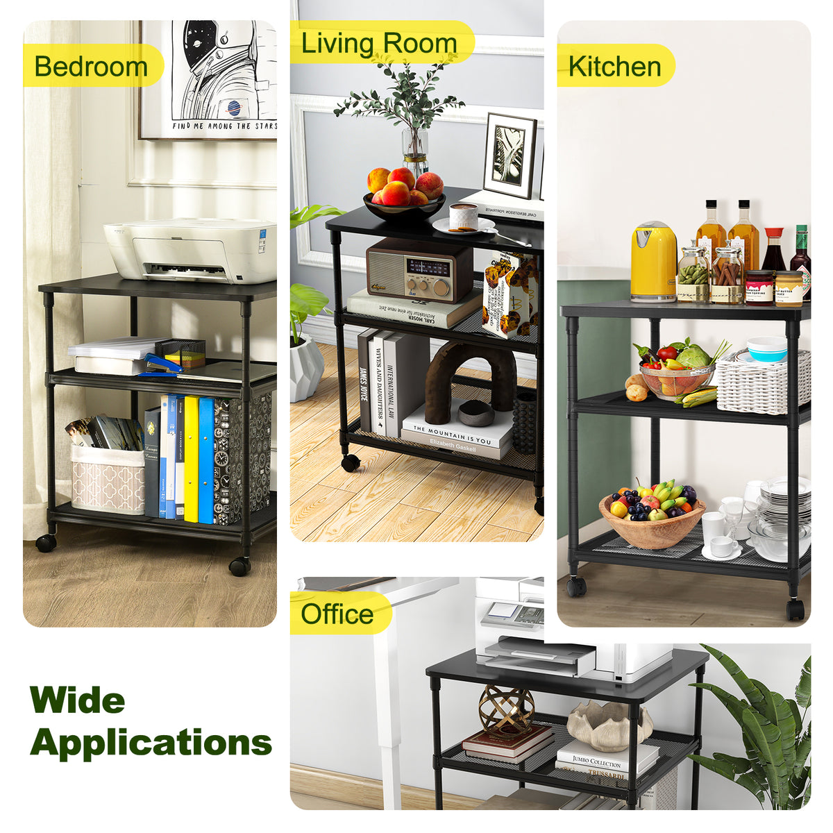 3-Tier Printer Stand with Lockable Wheels - Black