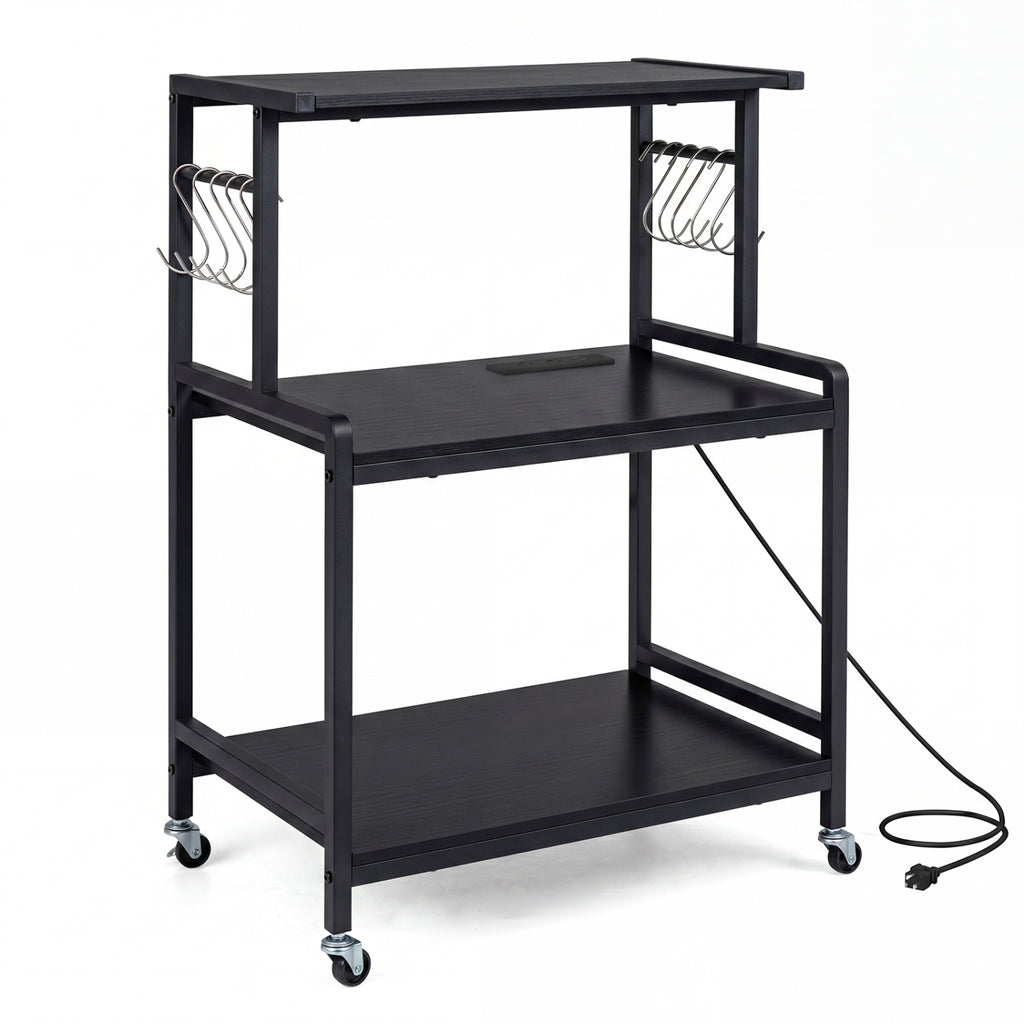 3-Tier Rolling Kitchen Cart with Power Outlet - Rustic Brown