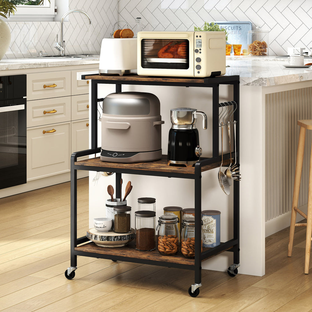 3-Tier Rolling Kitchen Cart with Power Outlet - Rustic Brown