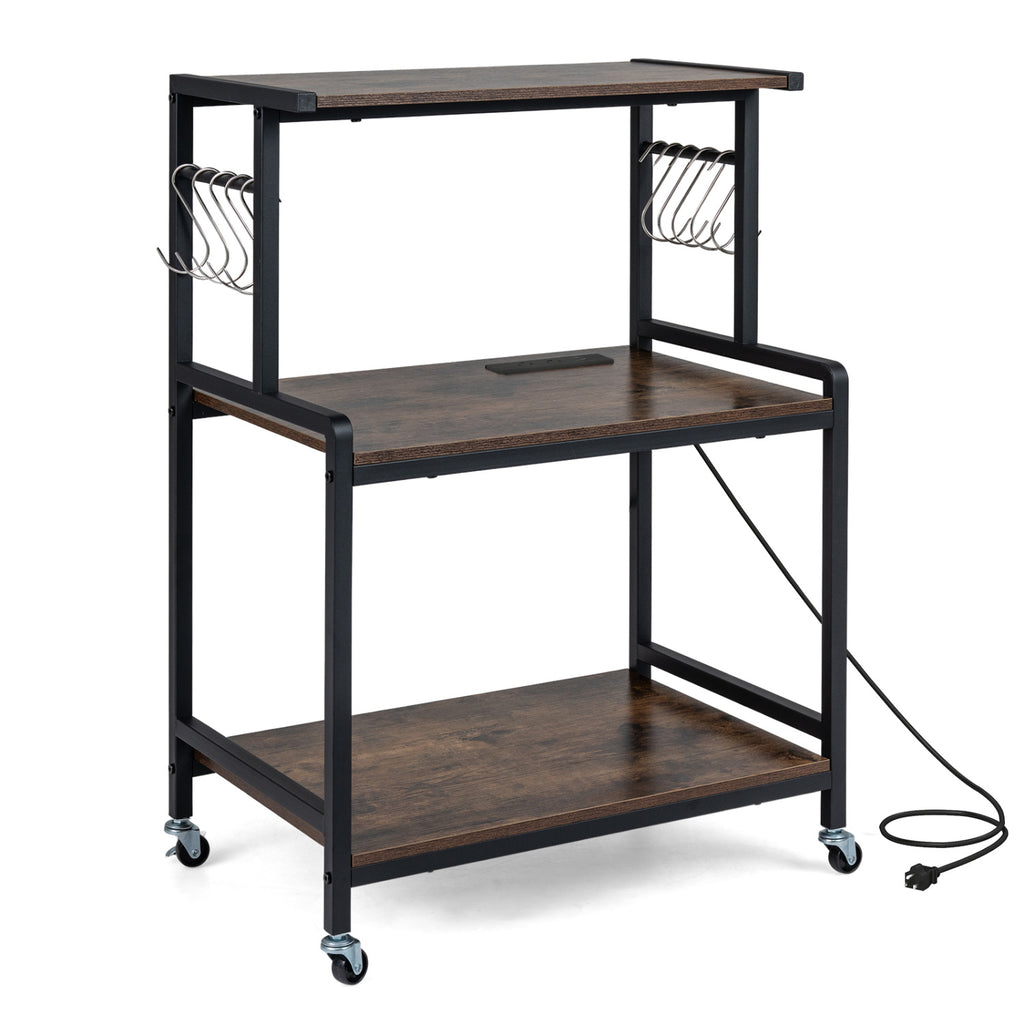 3-Tier Rolling Kitchen Cart with Power Outlet - Rustic Brown