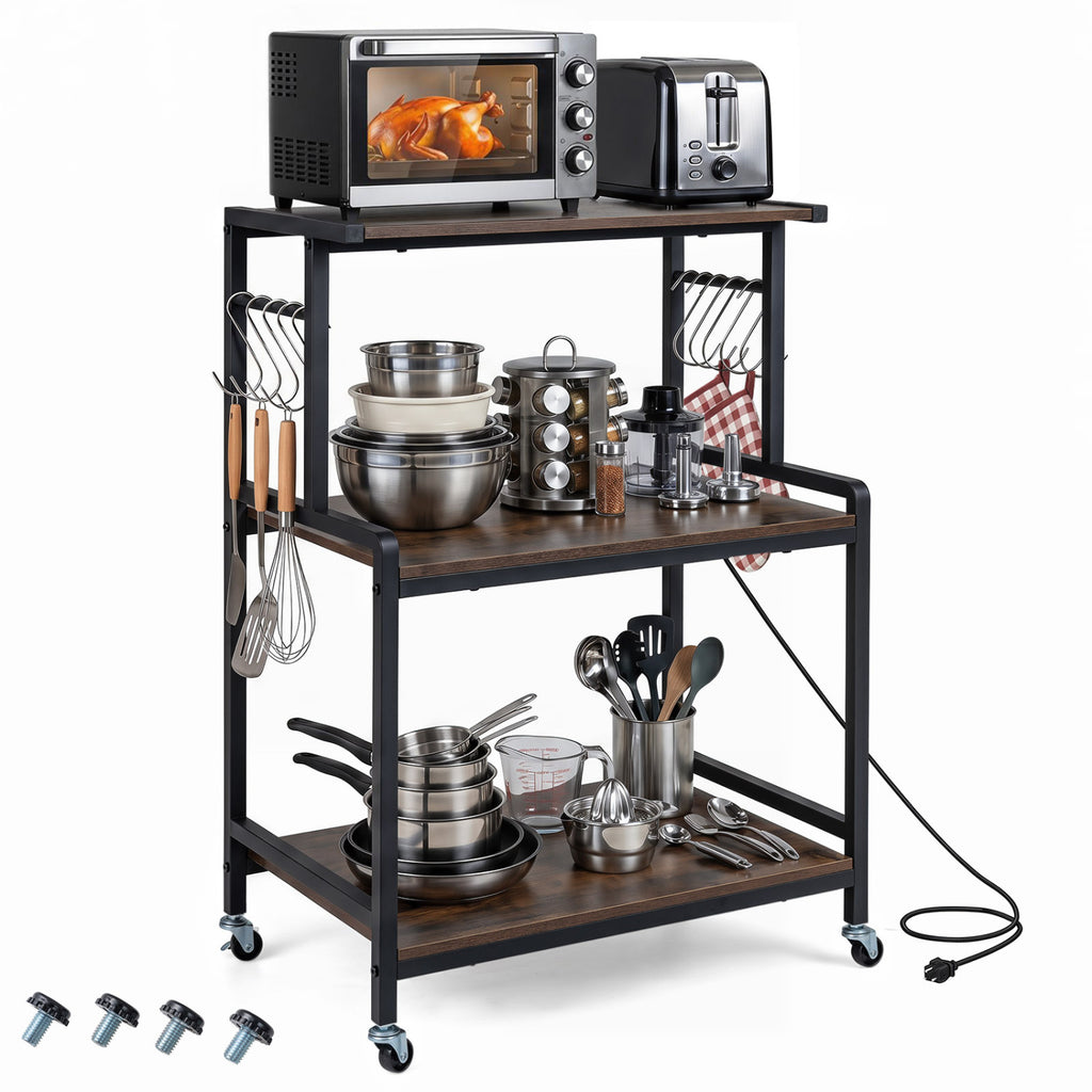 3-Tier Rolling Kitchen Cart with Power Outlet - Rustic Brown