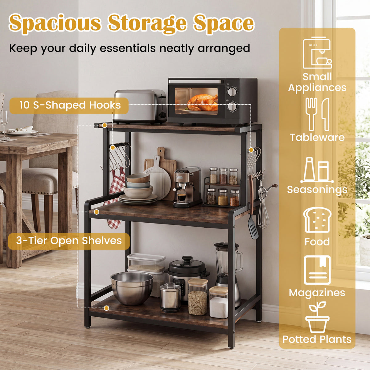 3-Tier Rolling Kitchen Cart with Power Outlet - Rustic Brown