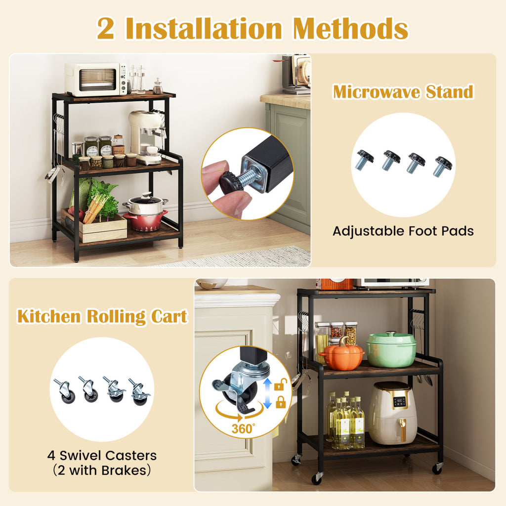 3-Tier Rolling Kitchen Cart with Power Outlet - Rustic Brown