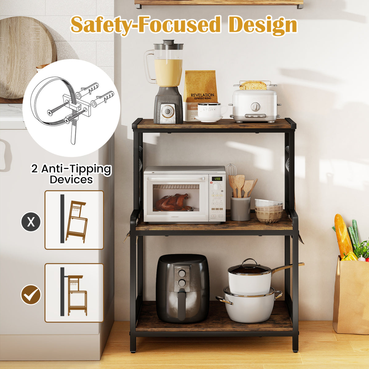 3-Tier Rolling Kitchen Cart with Power Outlet - Rustic Brown