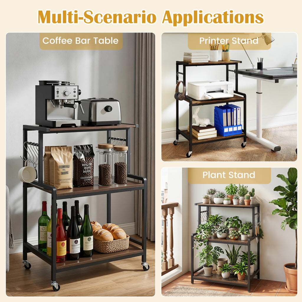 3-Tier Rolling Microwave Cart with Power Outlet & USB - Rustic Brown
