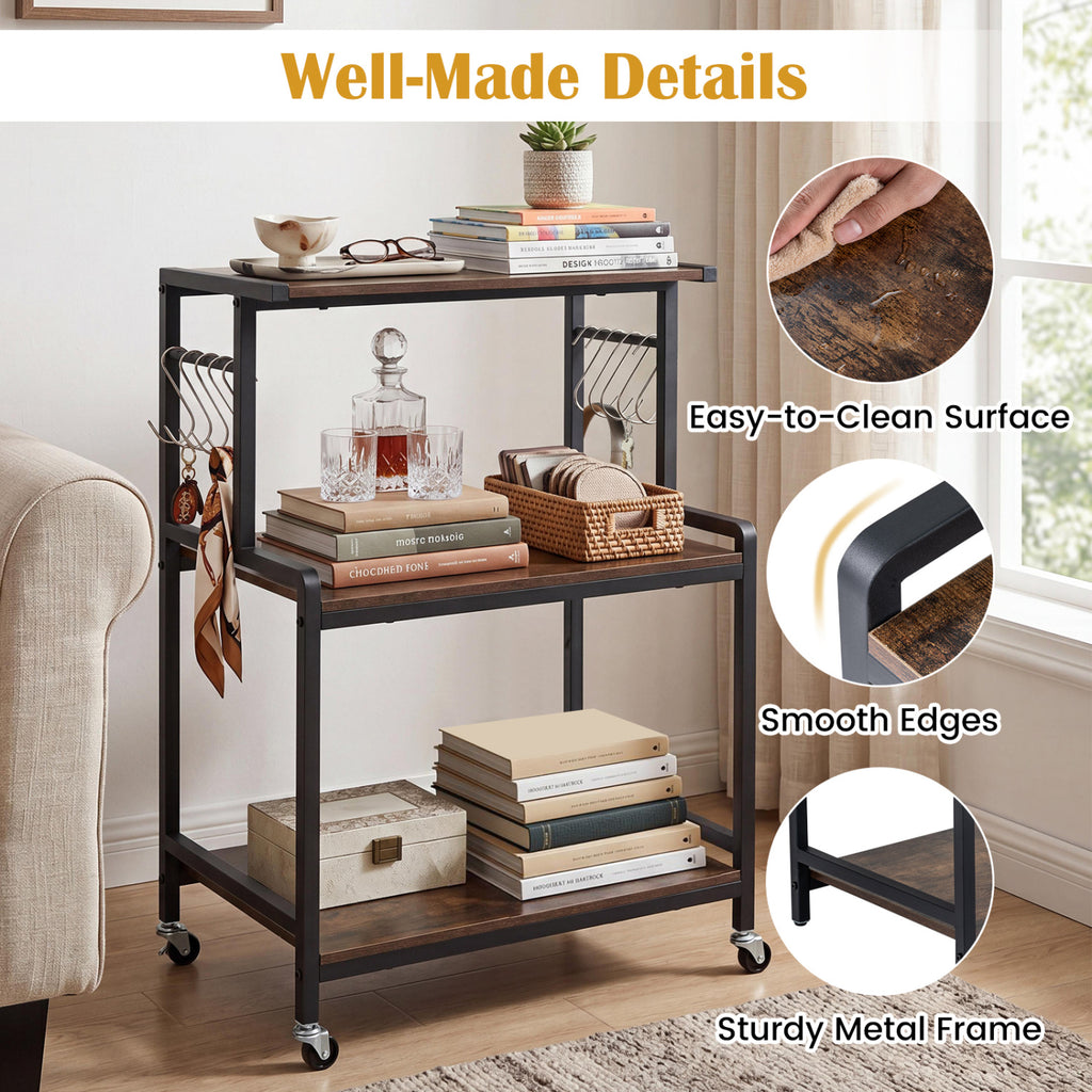 3-Tier Rolling Kitchen Cart with Power Outlet - Rustic Brown