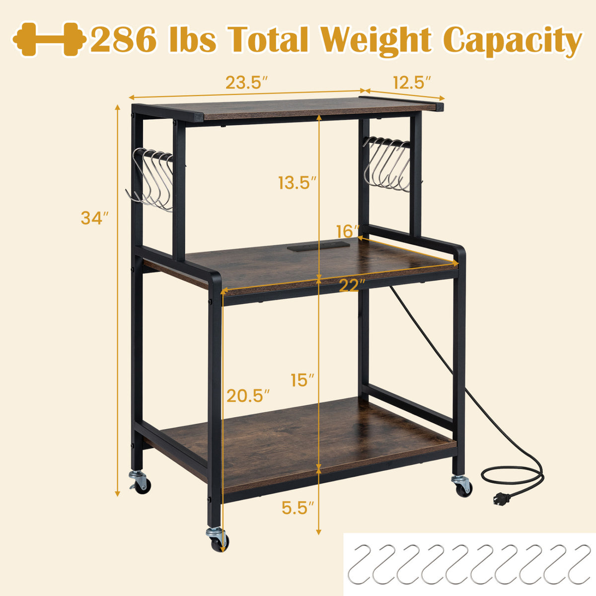 3-Tier Rolling Kitchen Cart with Power Outlet - Rustic Brown