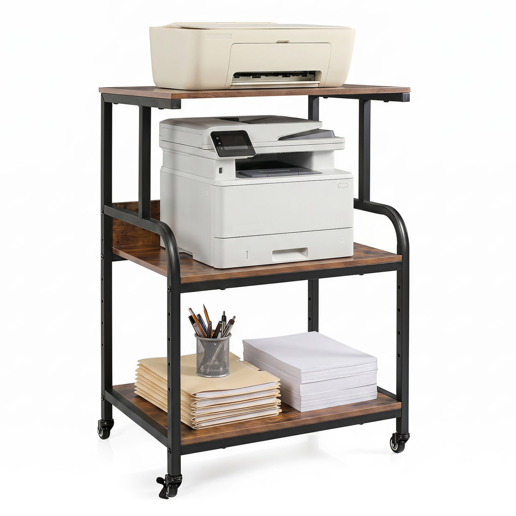 3-Tier Rolling Printer Stand with Adjustable Shelf and Lockable Wheels