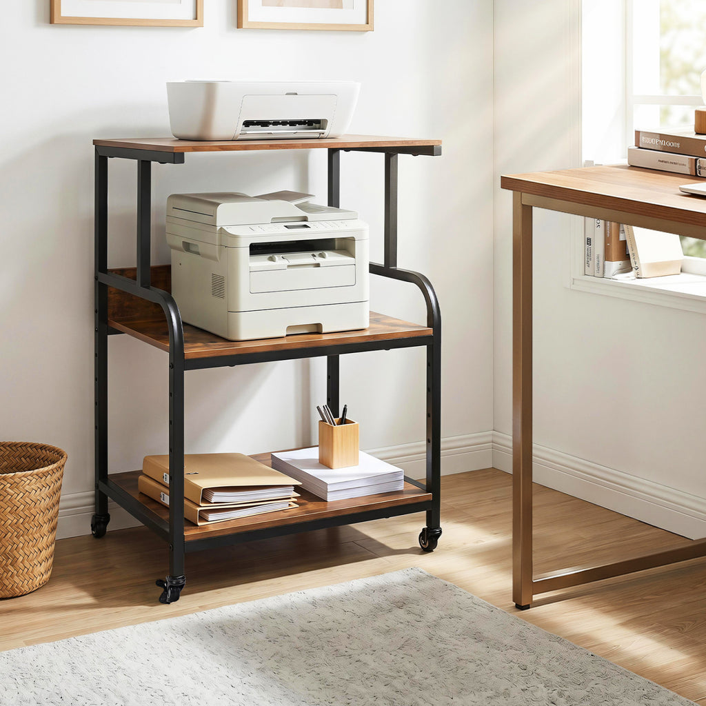 3-Tier Rolling Printer Stand with Adjustable Shelf – Rustic Brown