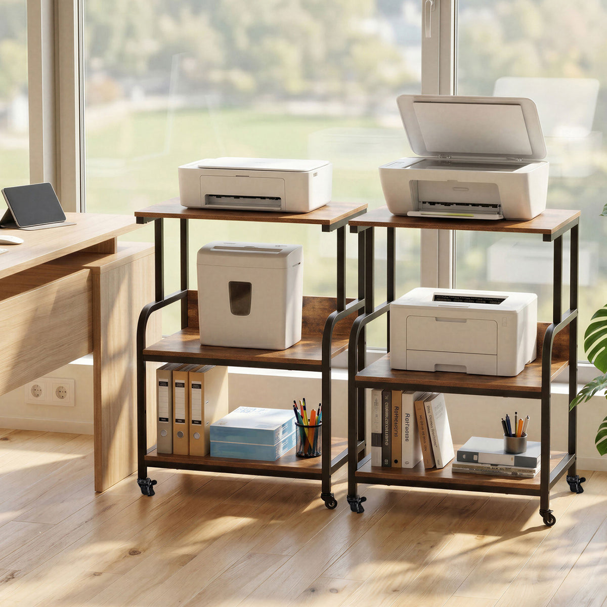 3-Tier Rolling Printer Stand with Adjustable Shelf and Lockable Wheels
