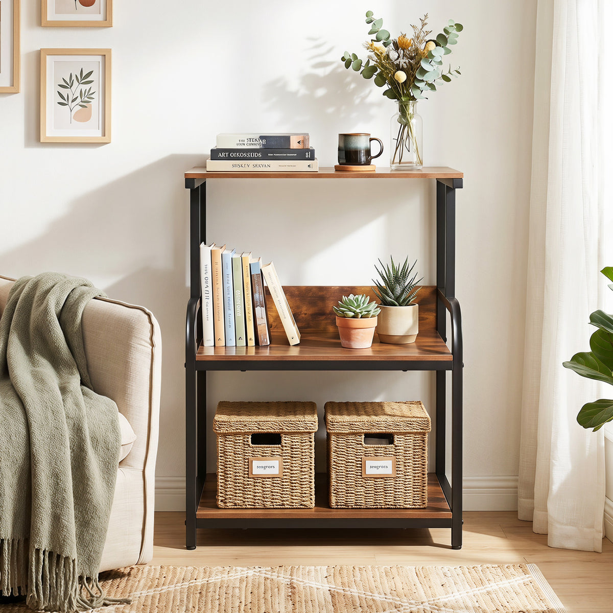 3-Tier Rolling Printer Stand with Adjustable Shelf – Rustic Brown