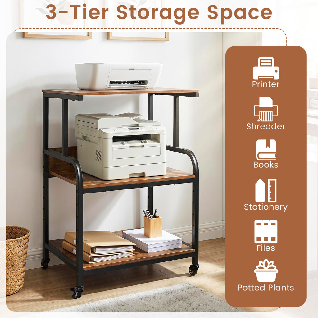 3-Tier Rolling Printer Stand with Adjustable Shelf and Lockable Wheels