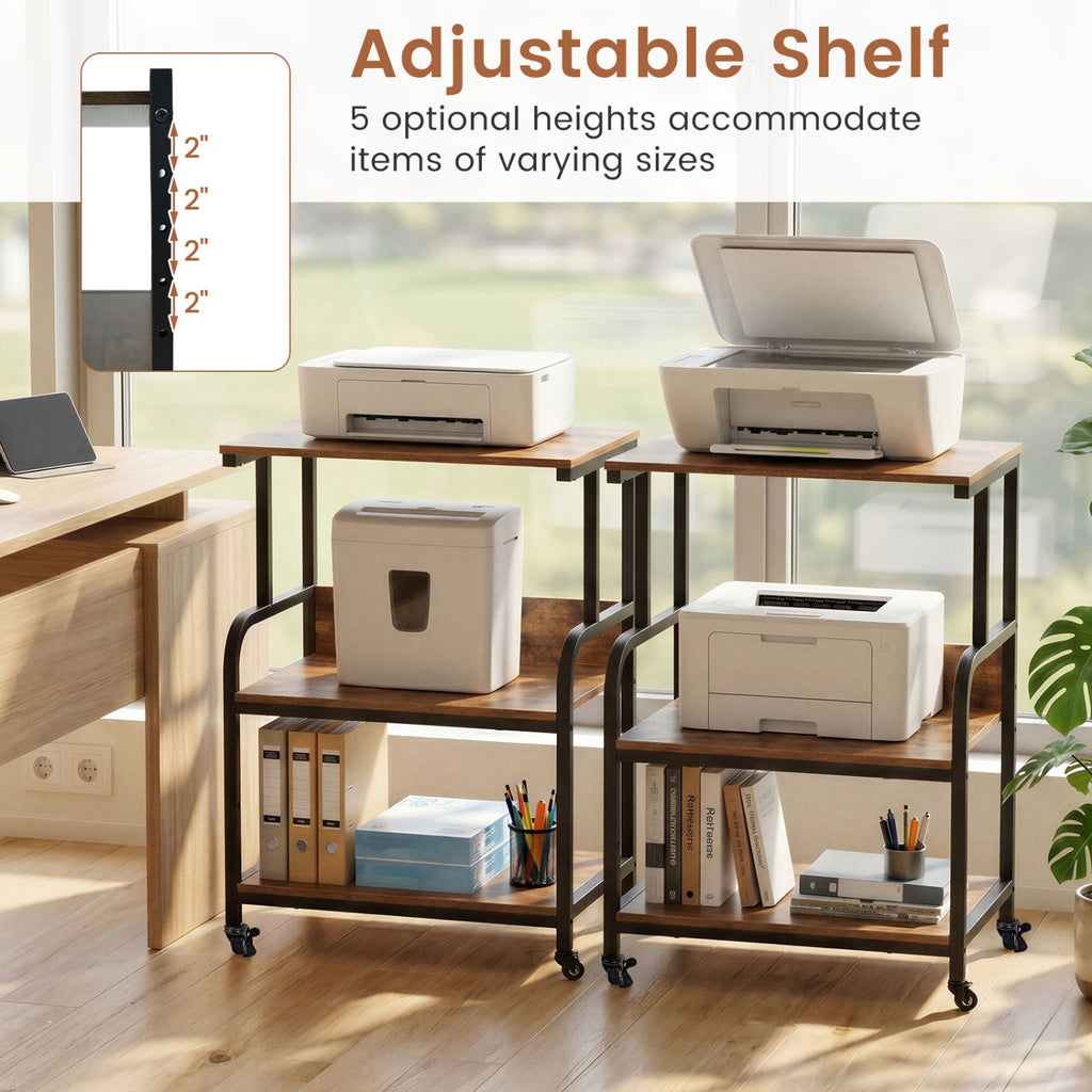 3-Tier Rolling Printer Stand with Adjustable Shelf – Rustic Brown