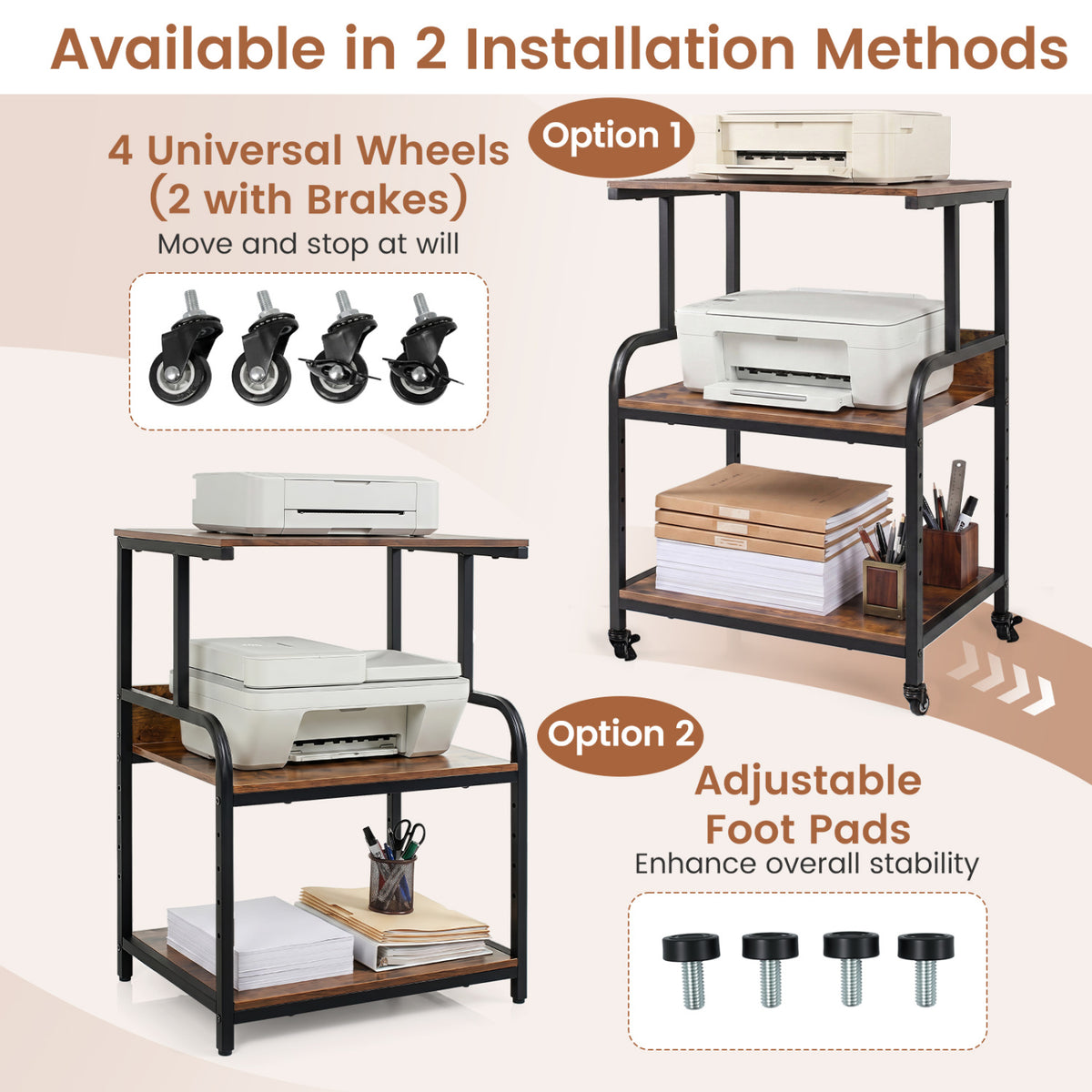 3-Tier Rolling Printer Stand with Adjustable Shelf – Rustic Brown