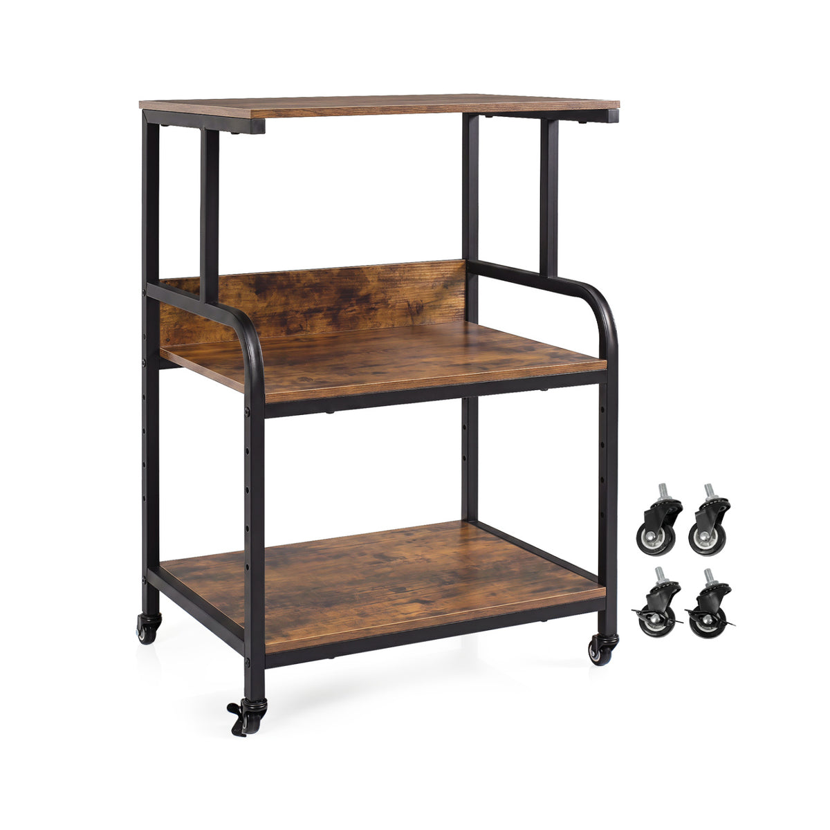 3-Tier Rolling Printer Stand with Adjustable Shelf and Lockable Wheels