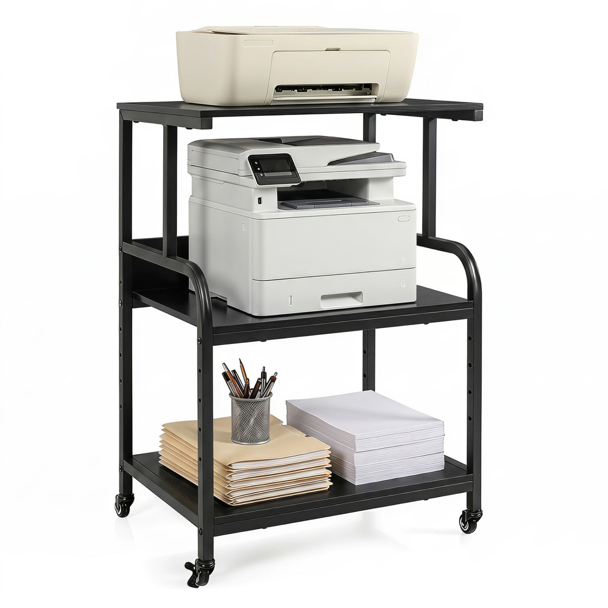 3-Tier Rolling Printer Stand with Adjustable Shelf and Lockable Wheels