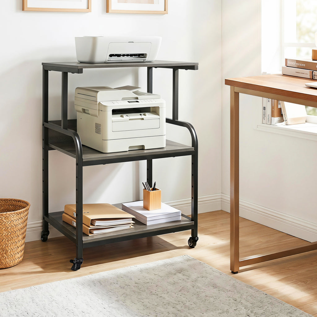 3-Tier Rolling Printer Stand with Adjustable Shelf and Lockable Wheels